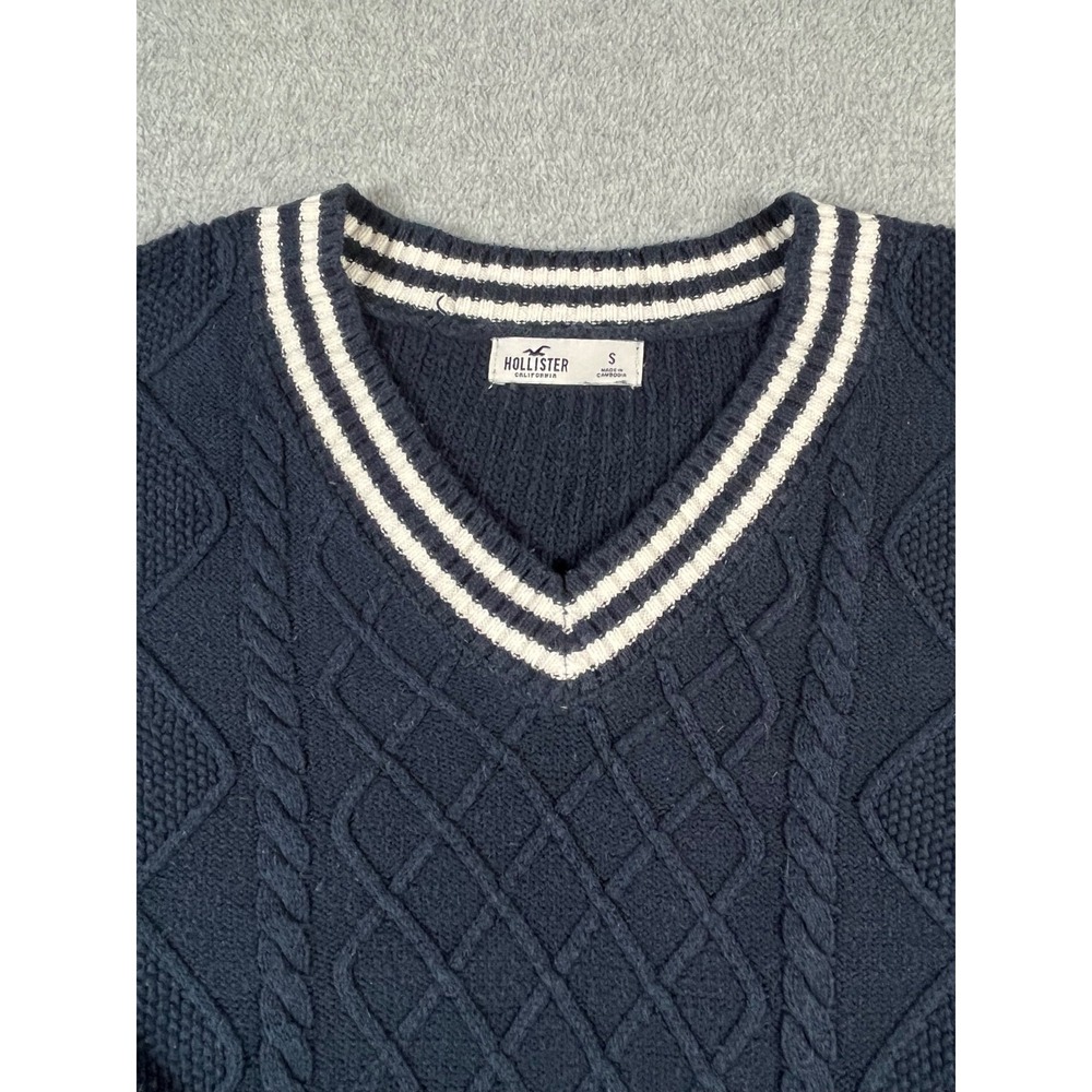 Hollister Cable Knit Sweater Men Unisex Small Navy Blue V Neck Preppy Pullover